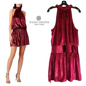 RAMY BROOK NEW Glam ELLIN Red Metallic Shimmer Velvet Halter Mini Dress L